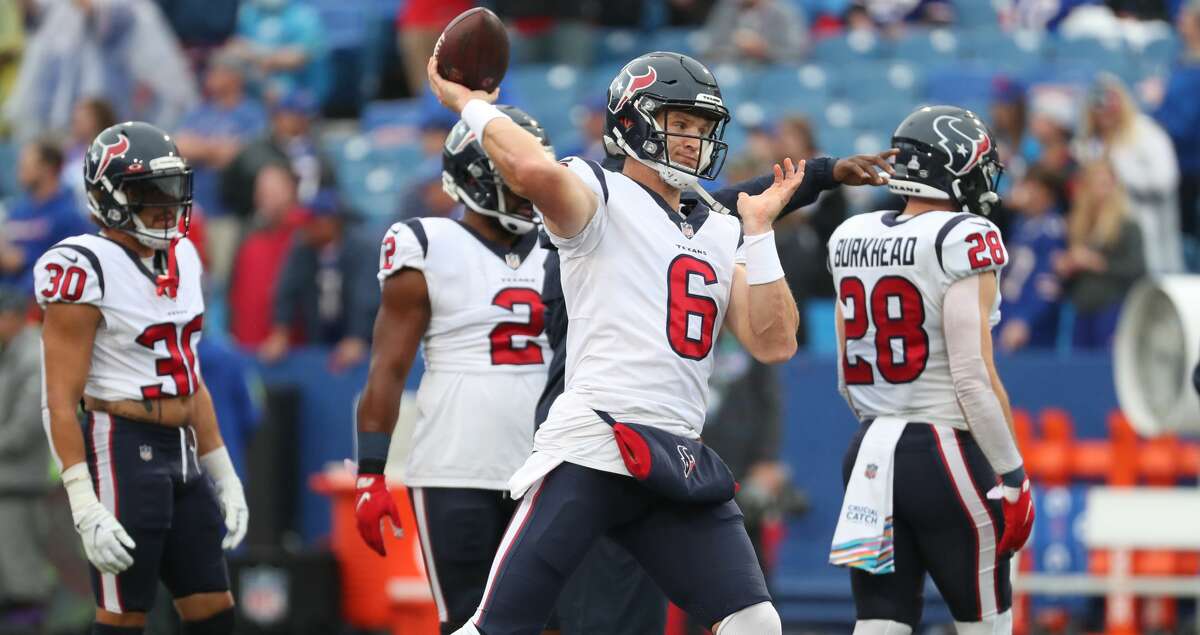 Houston Texans quarterback Jeff Driskel (6) warms up before an NFL football game against the Buffalo Bills Sunday, Oct. 3, 2021, in Orchard Park, N.Y..