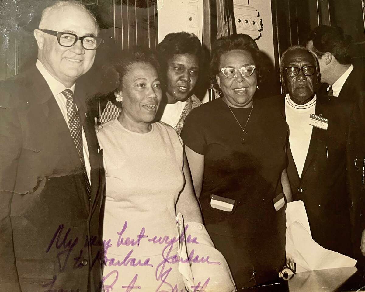 Beatrice Green (second from the left) pictured with former Texas Governor Preston Smith (left), former U.S. Rep. Barbara Jordan (center), activist and friend Abbie Evans (second from right) and Moses LeRoy (right), likely in the late 1960s. (Courtesy Deloris Johnson)