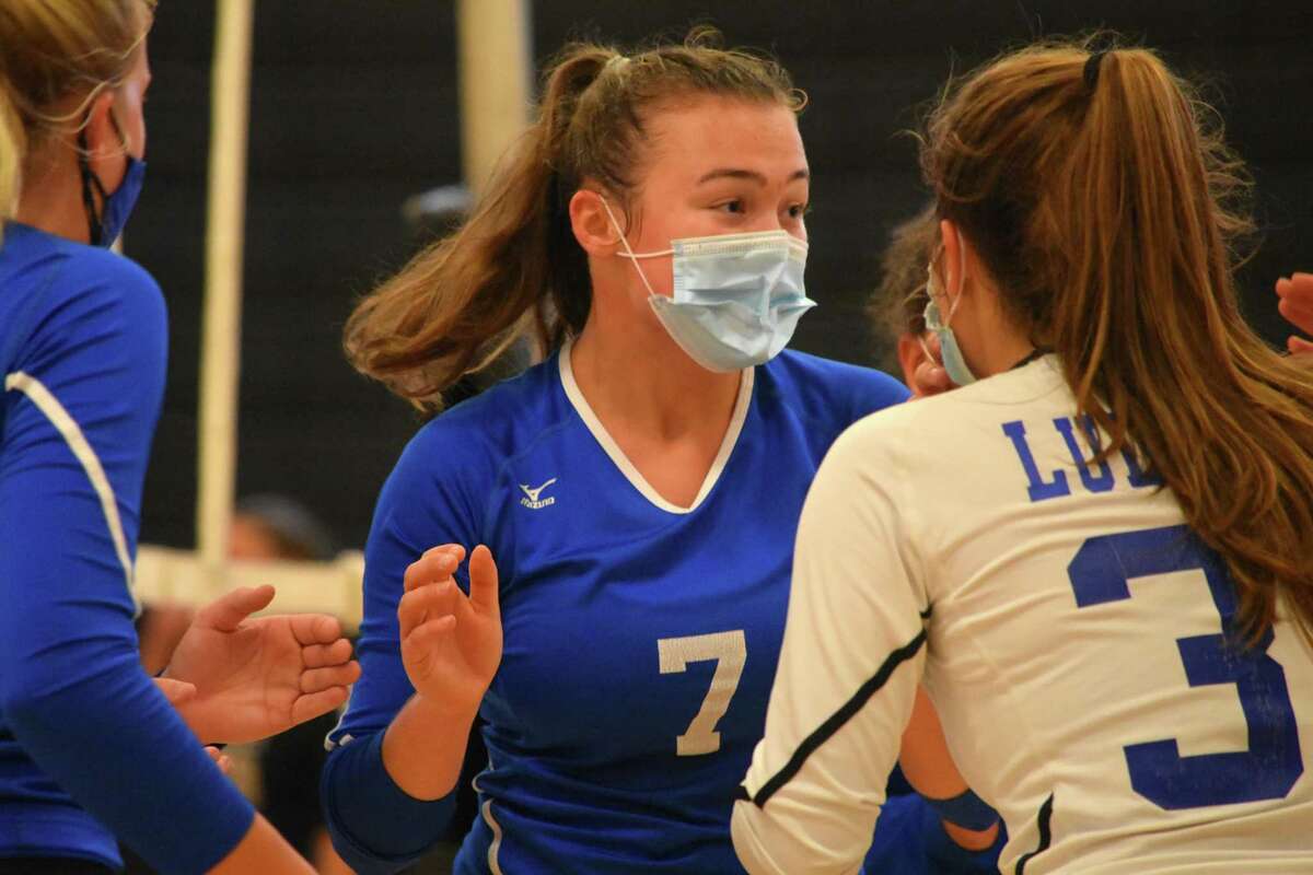 Fairfield Ludlowe’s Gabby Price celebrates a point against Trumbull at Trumbull high school on Tuesday, October 13, 2020.