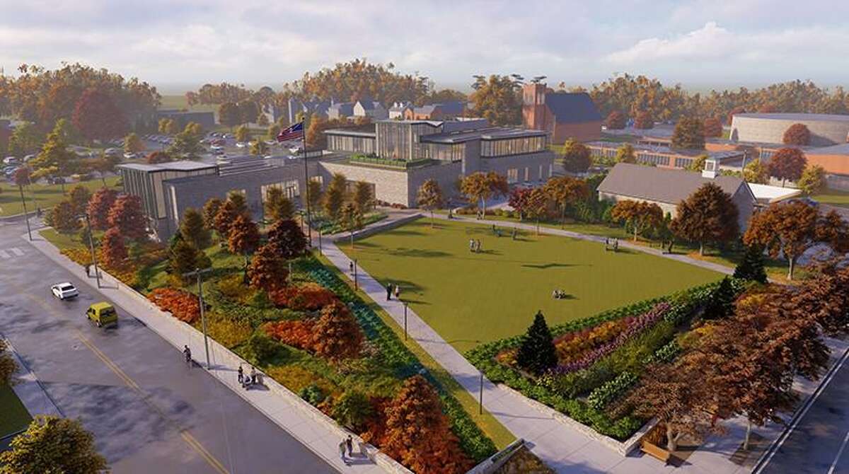 The New Canaan Library has revealed, on Friday, Nov. 19, the inspiration, plans, and designs of the new New Canaan Library in a new, immersive exhibit entitled “New Canaan. New Library. New Chapter.” A rendering of the new New Canaan Library, specifically, a bird's eye view from the corner of Main Street, and Cherry Street, is shown.