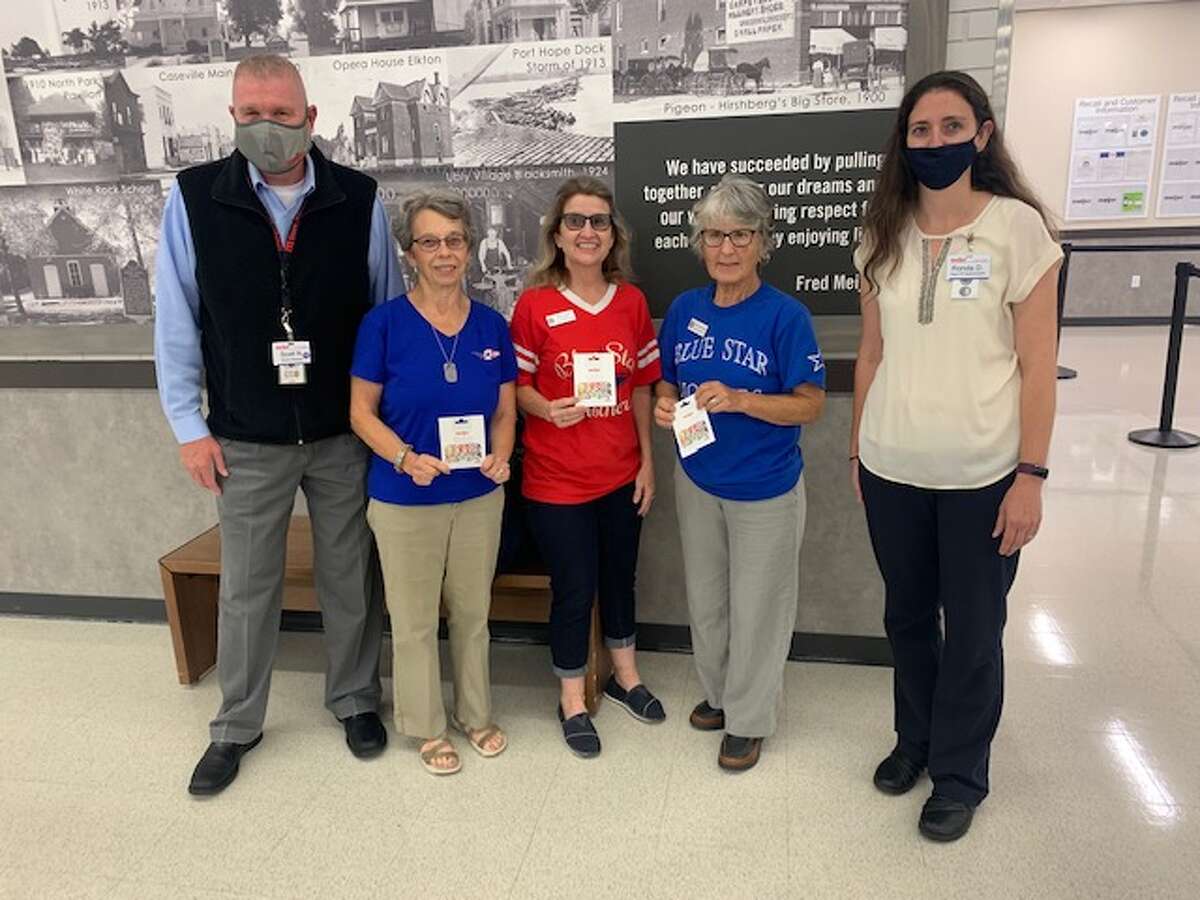 Meijer in Bad Axe donated a gift card to the Blue Star Mothers to help the group on its Pictured are Bad Axe Meijer Store Director, Scott Neff, Blue Star Mothers, Linda Elandt, Marcia Janik, Grace Rosenthal and Meijer Store HR Representative, Rhonda Deeg. 