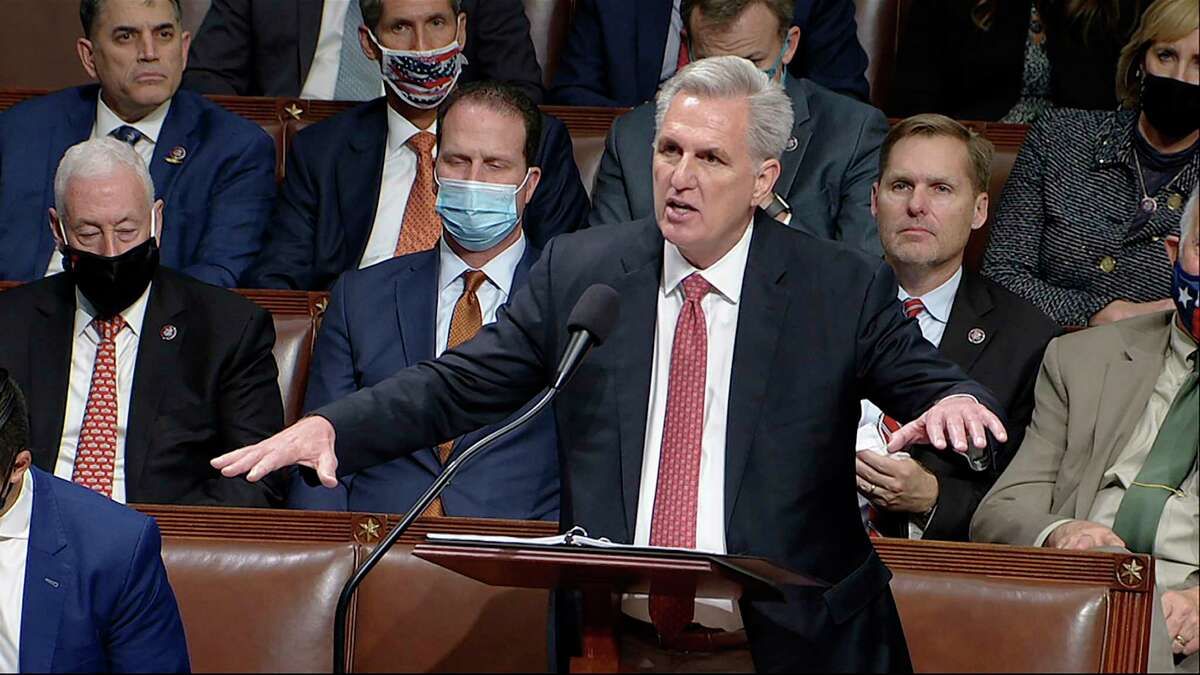 House Minority Leader Kevin McCarthy of Calif., speaks on the House floor during debate at the U.S. Capitol on Thursday, Nov. 18, 2021, in Washington.