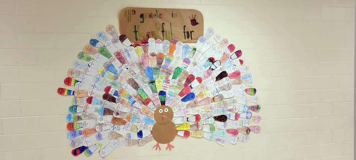 Through a colorful turkey creation, fourth grade students at G.T. Norman Elementary School expressed what they are thankful for this Thanksgiving. Each student wrote their message on a paper feather to create a large "Thankful Turkey" displayed in the school.
