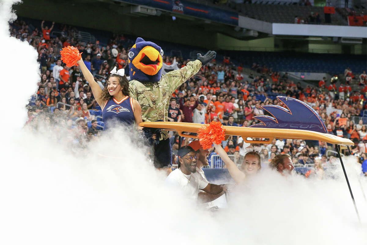 UTSA mascot Rowdy the Roadrunner enters the stadium on a cart during the second half of their opening Conference USA football game with Middle Tennessee at the Alamodome on Saturday, Sept. 18, 2021. UTSA beat Middle Tennessee 27-13.