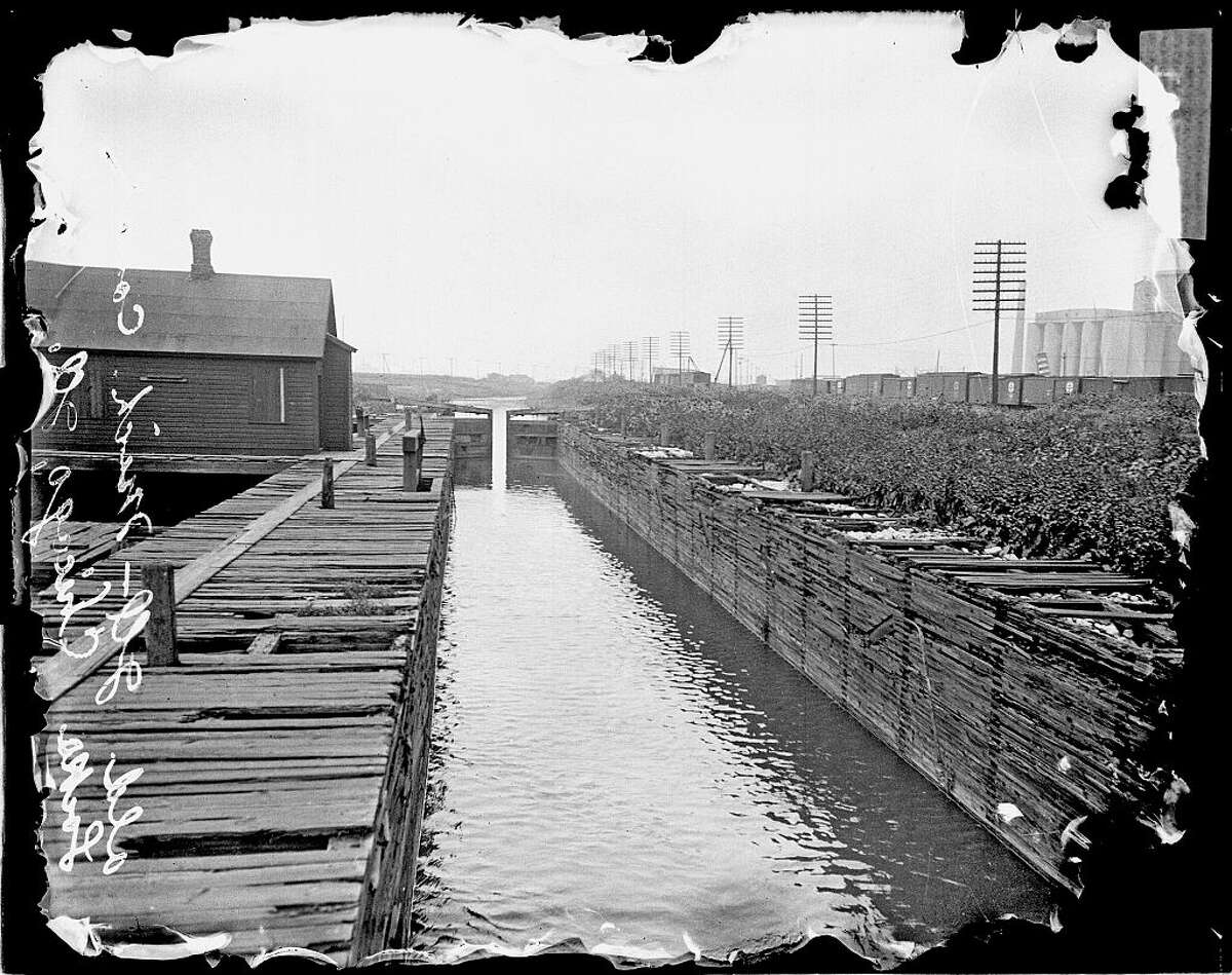 An Illinois and Michigan Canal lock is seen in 1912 in the Chicago area. Completed in 1848, the Illinois and Michigan Canal connected the Great Lakes to the Mississippi River.