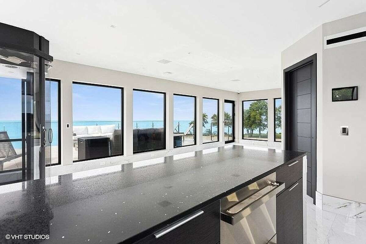 Kitchen area on the upper floor with a view of the lake.
