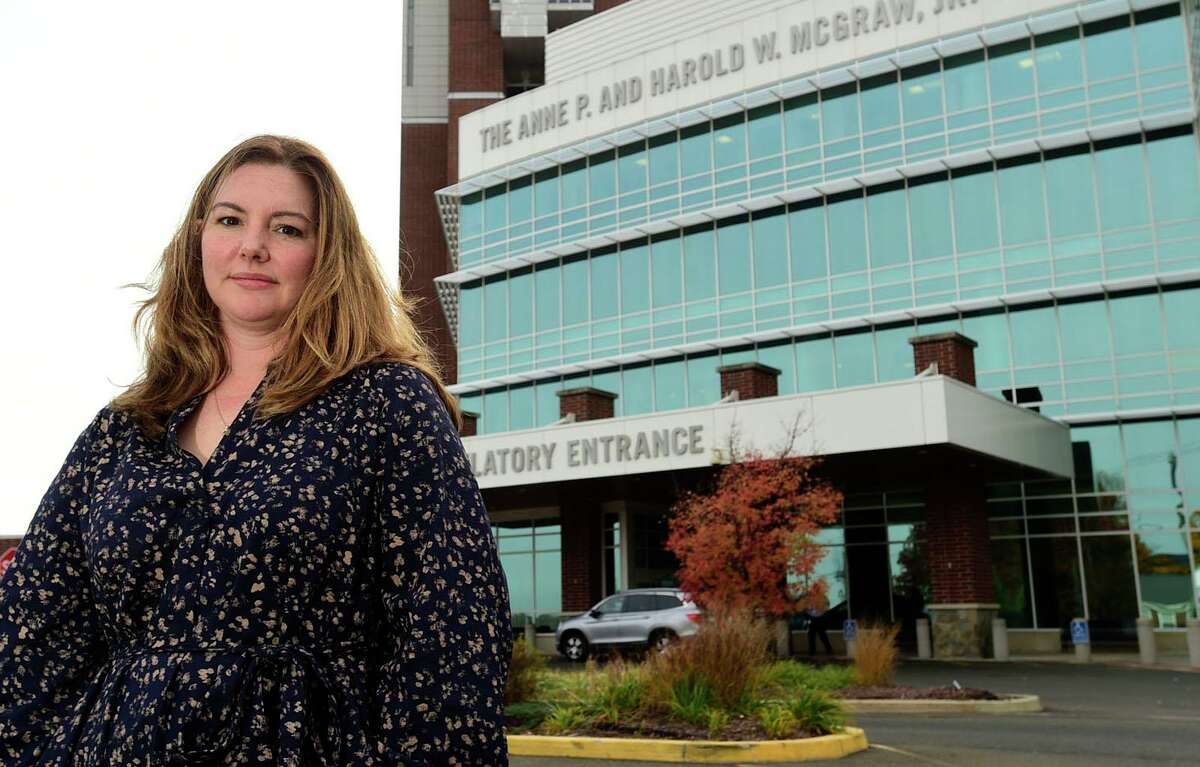 Former Norwalk Hospital employee Jessica Krupa Wednesday, November 17, 2021, in Norwalk, Conn. Krupa lost her job at the hospital after refusing to comply with the vaccination mandate.