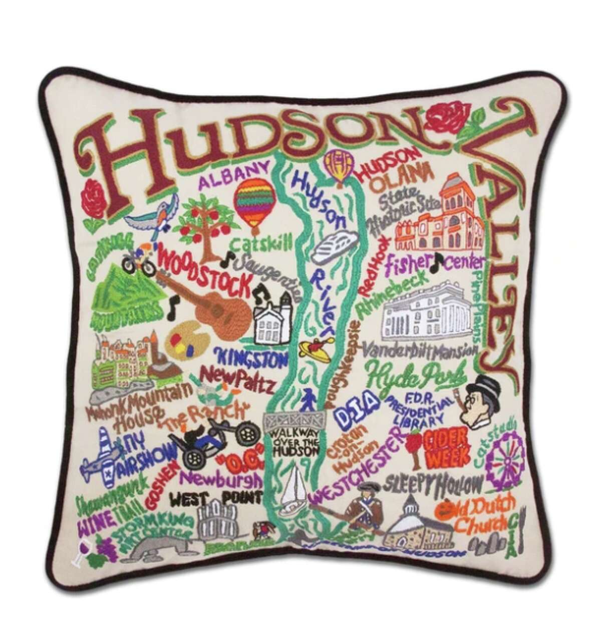 From the Shawangunk wine trail and Cider Week, to Vanderbilt Mansion and Olana, this hand-embroidered pillow made by creative team catstudio captures colorful Hudson Valley in its full range and vibrancy ($225).