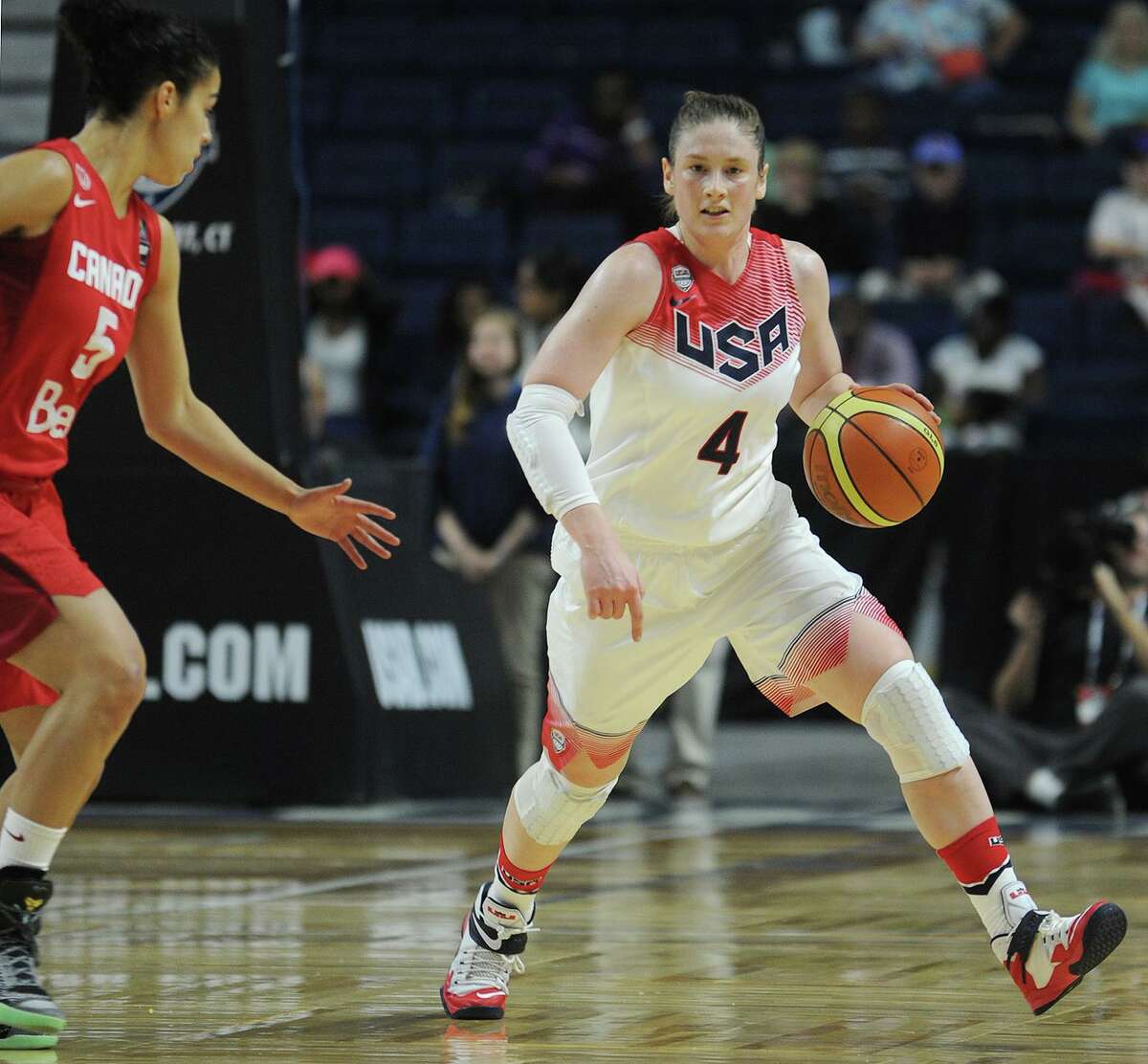 Team USA’s Lindsay Whalen handles the ball against Canada during a women's basketball at the Webster Bank Arena in Bridgeport on Sept. 15, 2014.
