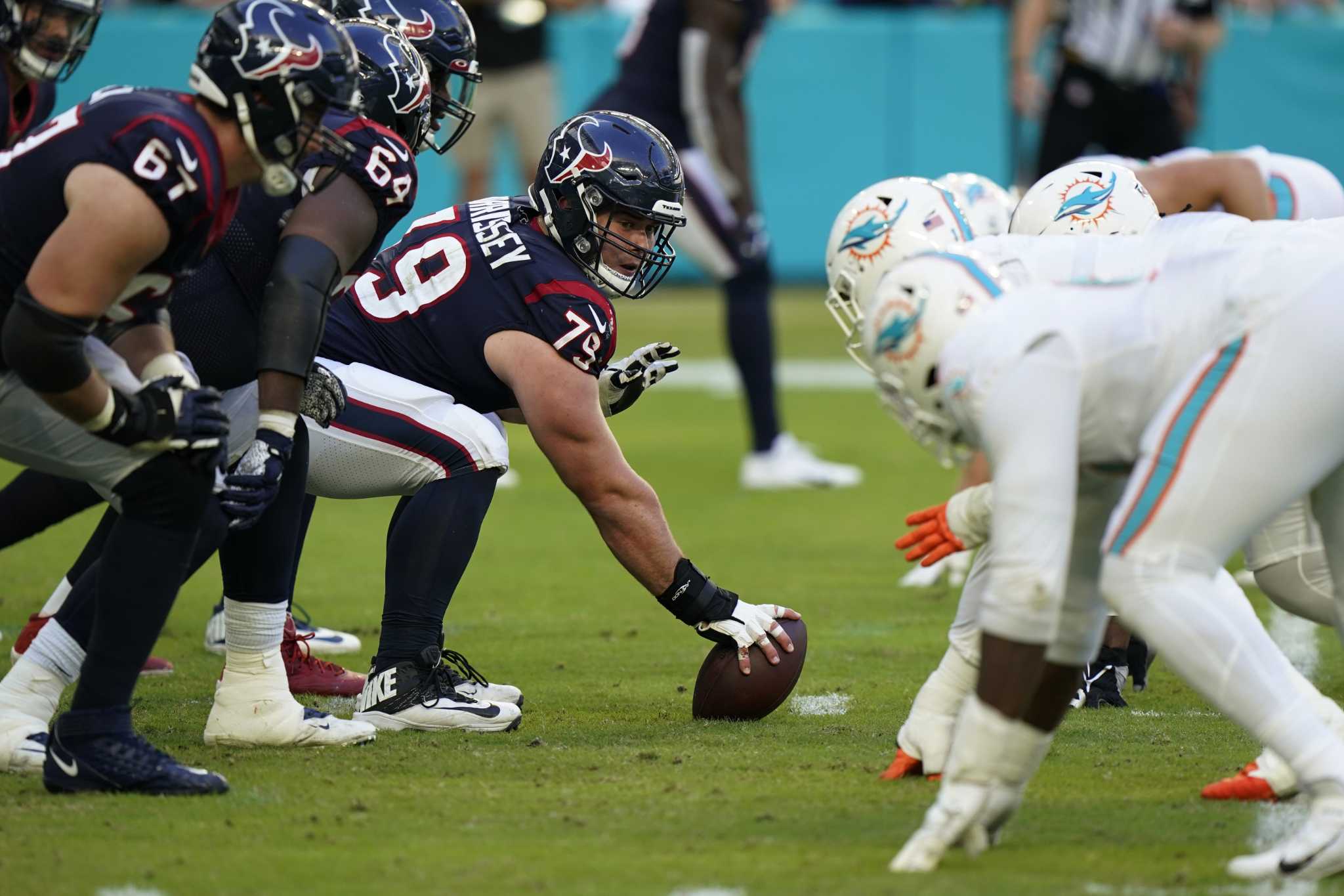 Houston Texans center Jimmy Morrissey (79) looks on during the NFL football  team's training camp at Houston Methodist Training Center, on Wednesday,  July 26, 2023, in Houston. (AP Photo/Maria Lysaker Stock Photo - Alamy