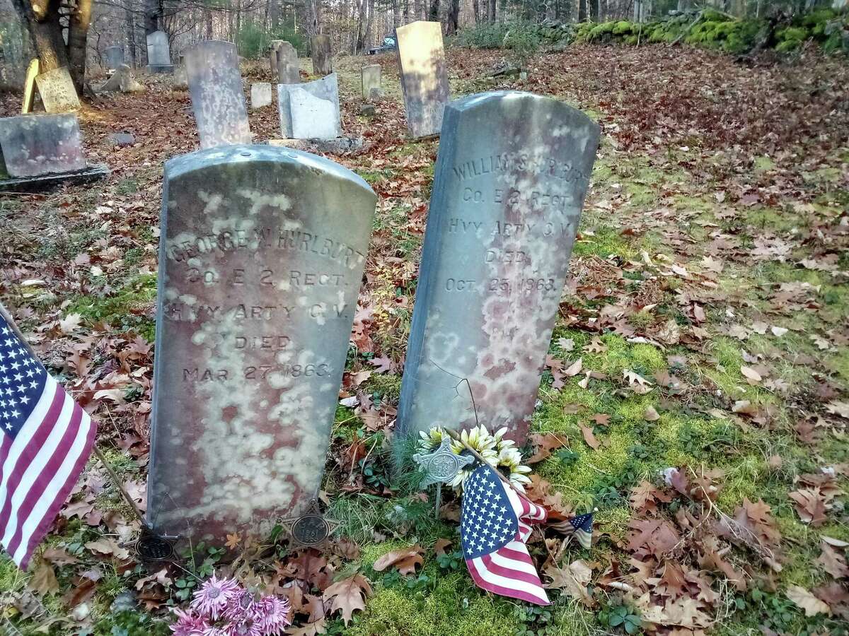 The Danbury Quarter Road cemetery, one of the town's oldest burial sites near Winchester Center. Pictured are the graves of brothers George and William Hurlbut, who fought in the Civil War.