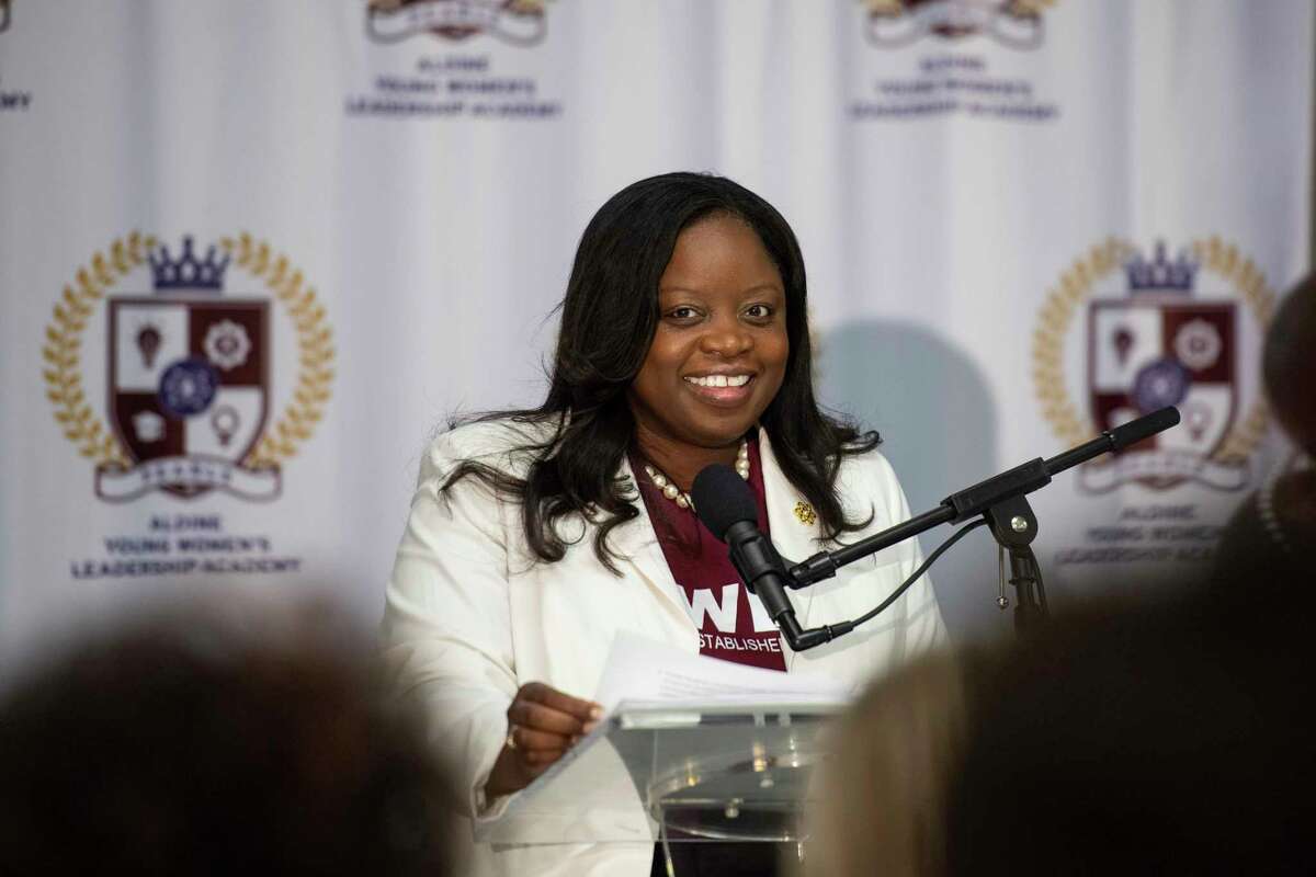 FILE: Aldine ISD Superintendent LaTonya Goffney speaks at a ribbon cutting in the Aldine Young Women’s Leadership Academy at Parker Elementary School Friday, Nov. 19, 2021, in Houston.