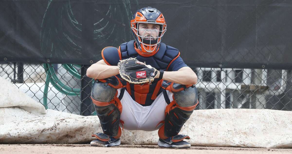 Houston Astros catcher Garrett Stubbs (11) in the bullpen during spring training workouts for the Astros at Ballpark of the Palm Beaches in West Palm Beach, Florida, Thursday, February 25, 2021.