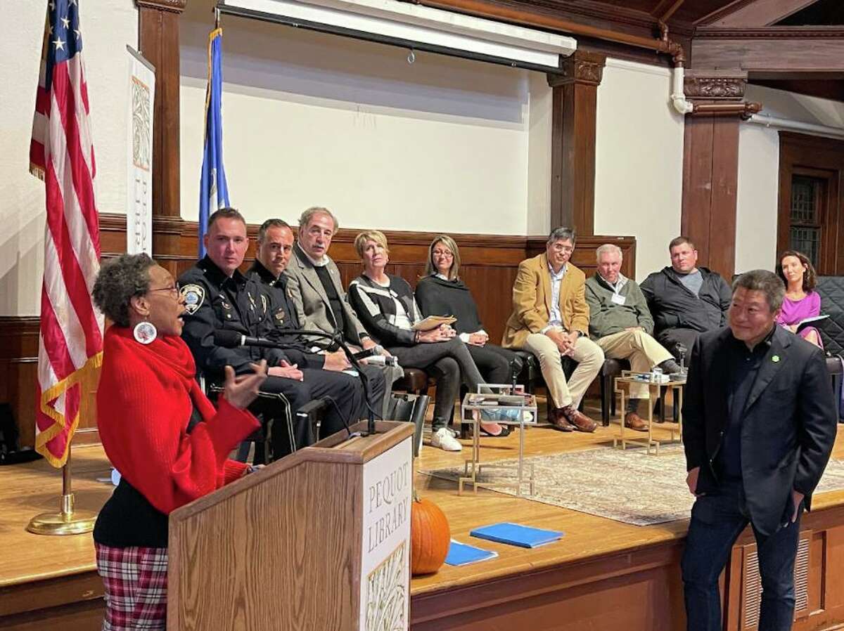 State Sen. Tony Hwang recently hosted a community forum at Pequot Library to discuss public safety in Southport. It included area state representatives, the Fairfield Police Department and members of Fairfield's Representative Town Meeting District 10.
