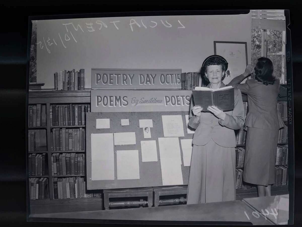 Lucia Trent gets ready for a Texas Poetry Day celebration on Oct. 13, 1952, at the San Antonio Public Library. The official date, Oct. 15, honored her late husband and fellow poet, Ralph Cheyney.