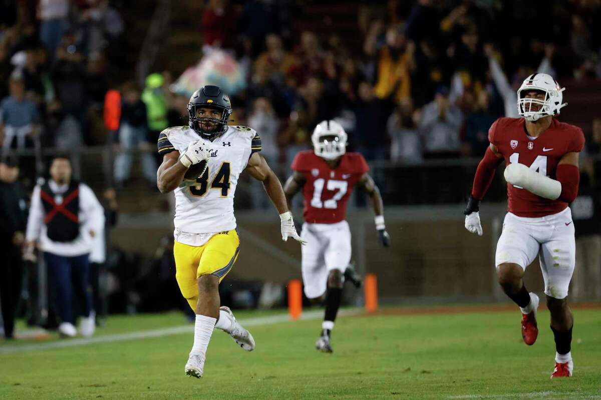 California running back Christopher Brooks (34) runs in an open field during the third quarter of the annual Big Game against Stanford in Stanford, Calif. Saturday, Nov. 20, 2021.