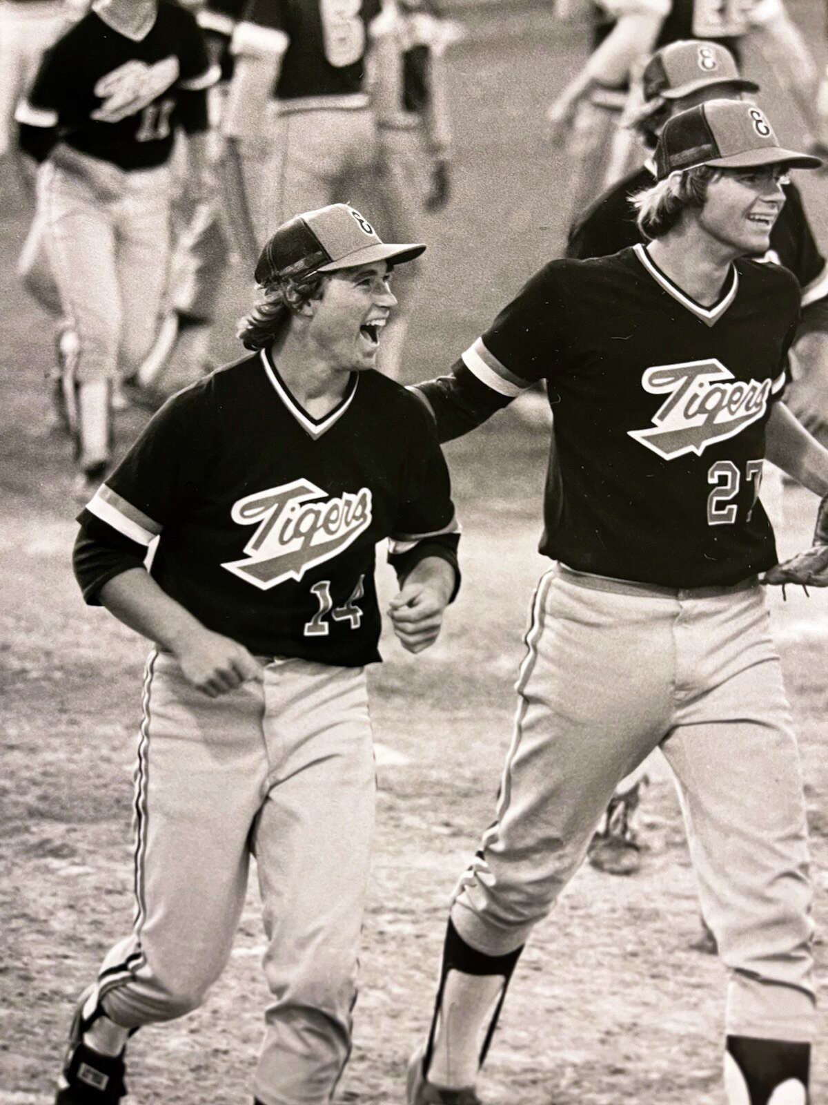 Edwardsville’s Todd Hansel, left, and teammate Scott Gerdes celebrate after the Tigers’ 1-0 win over win over 1-0 over Elk Grove Village in the Class AA quarterfinals in 1982. Hansel drove in the only run.