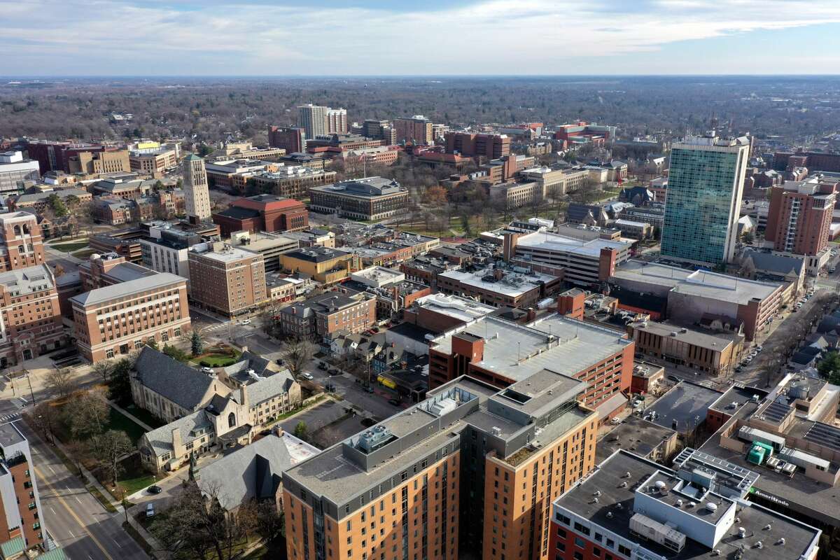 FILE - Pictured is Downtown Ann Arbor, Hill Auditorium and the University of Michigan campus.
