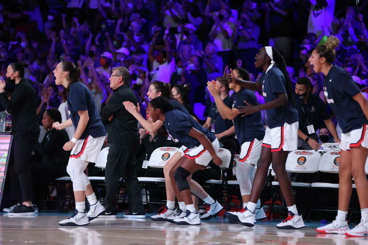 UConn’s bench reacts against South Carolina in the Battle 4 Atlantis tournament in Bahamas.