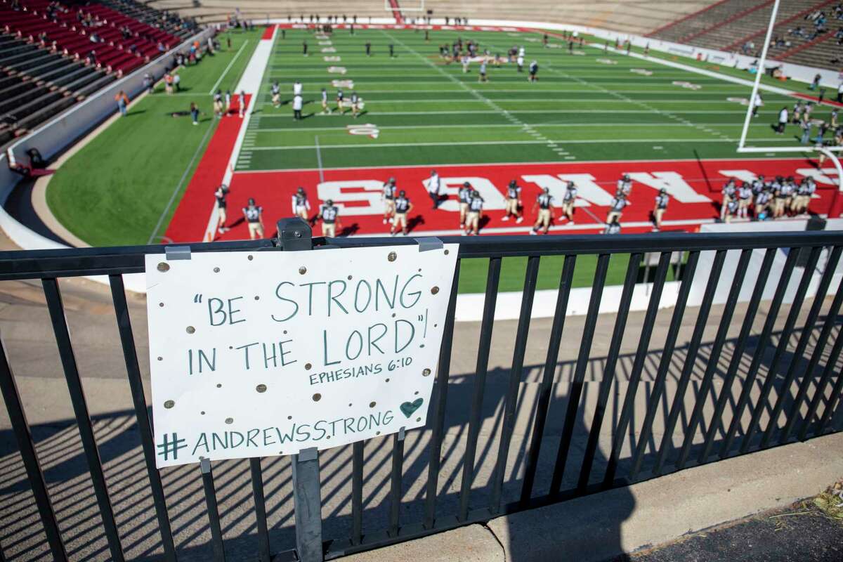 Signs are displayed where Andrews football players will walk on Monday, Nov. 22, 2021 at Mustang Bowl in Sweetwater. Jacy Lewis/Reporter-Telegram