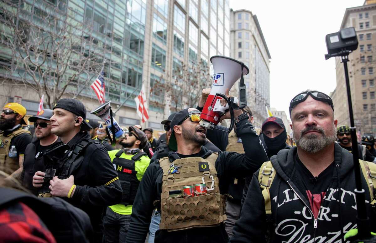 Proud Boys leader Enrique Tarrio with Proud Boys during a rally for President Donald Trump in Washington, D.C., Dec. 12, 2020.