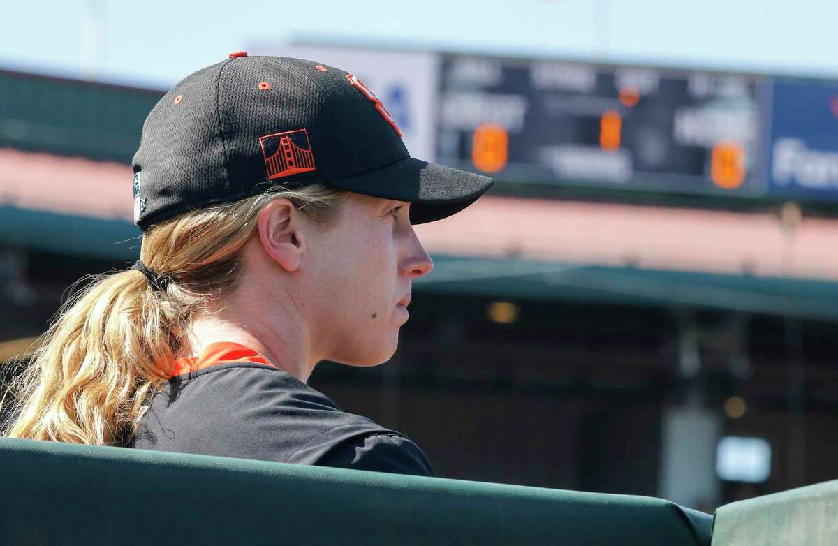 San Francisco Giants' coach Alyssa Nakken during their spring training game against the Cleveland Indians at Scottsdale Stadium Thursday, March 5, 2020, in Scottsdale, Arizona.