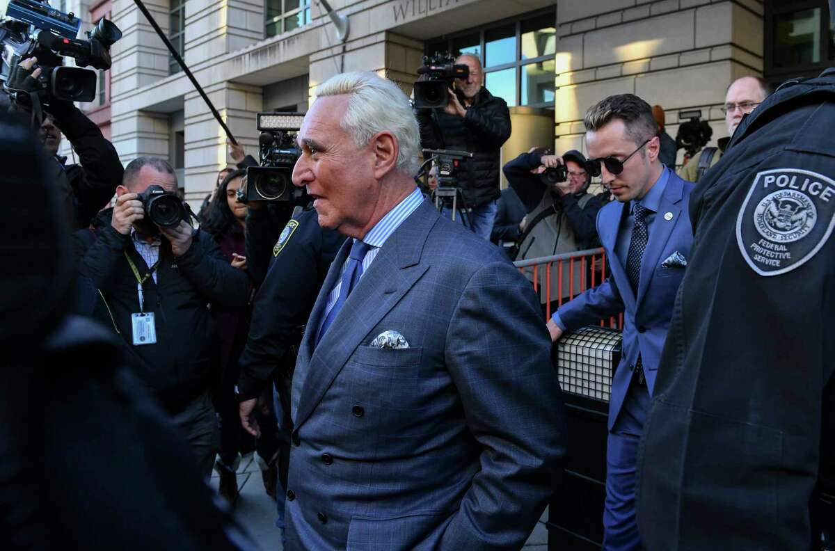 Former Donald Trump adviser Roger Stone leaves the United States District Court following a hearing on February 21, 2019 in Washington, D.C.