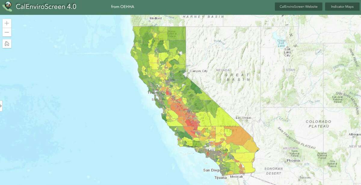 This screenshot taken on Nov. 23, 2021 shows the results of the CalEnviroScreen tool’s fourth version. The tool helps the state decide how to disperse funding to help vulnerable communities.