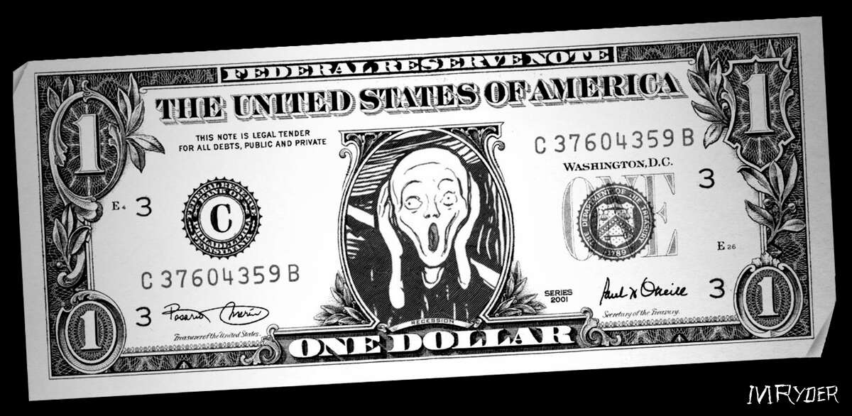 This artwork by M. Ryder relates to the shrinking, "recession" dollar.