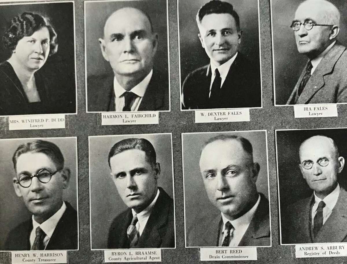 Top row, from left, Mrs. Winifred P. Dudd, lawyer; Harmon L. Fairchild, lawyer; W. Dexter Fales, lawyer; Ira Fales, lawyer. Bottom row, from left, Henry W. Harrison, county treasurer; Bryon L Braamse, county agricultural agent; Bert Reed, drain commissioner; Andrew S. Arbury, register of deeds.