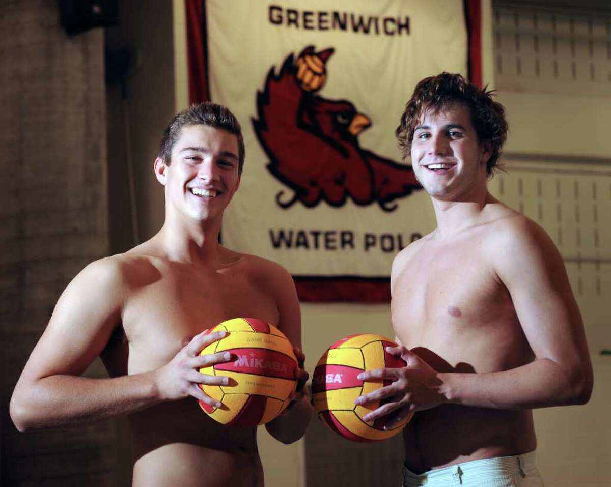 Greenwich High School water polo captains, Matt Weber, left, and Eric Minowitz, both GHS seniors, posed poolside at GHS, Tuesday afternoon, Sept. 21, 2010. Missing from photo is captain Mark Nietzel.