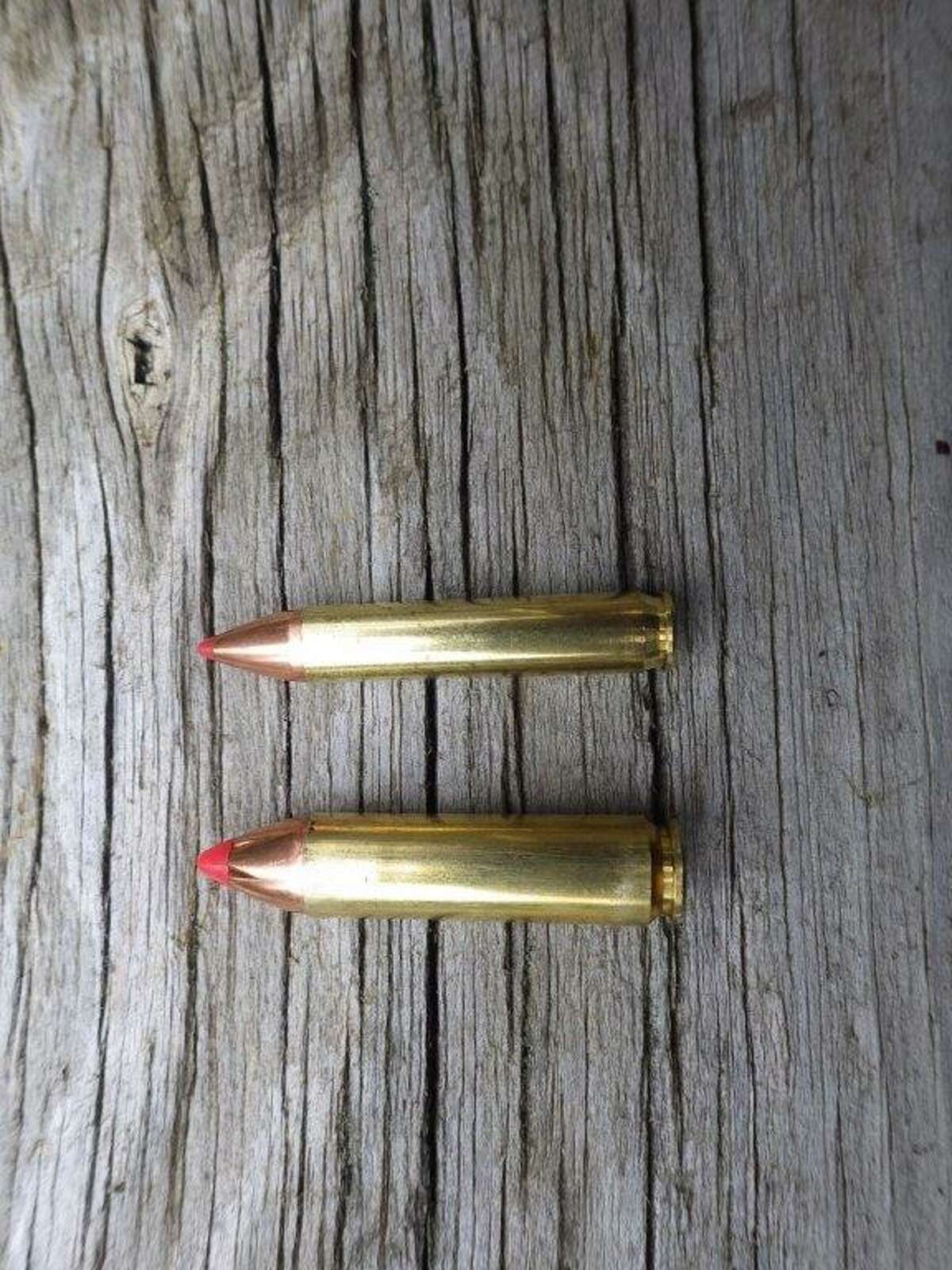 Pictured is the 'Dynamic Duo' for deer hunting in the Michigan's Limited Firearms Zone: (top) .350 Legend, Hornady 165 grain with flex-tip; (bottom) .450 Bushmaster,Hornady 250 grain with flex-tip. Both calibers have a lot of offerings in different brands and weight sizes.