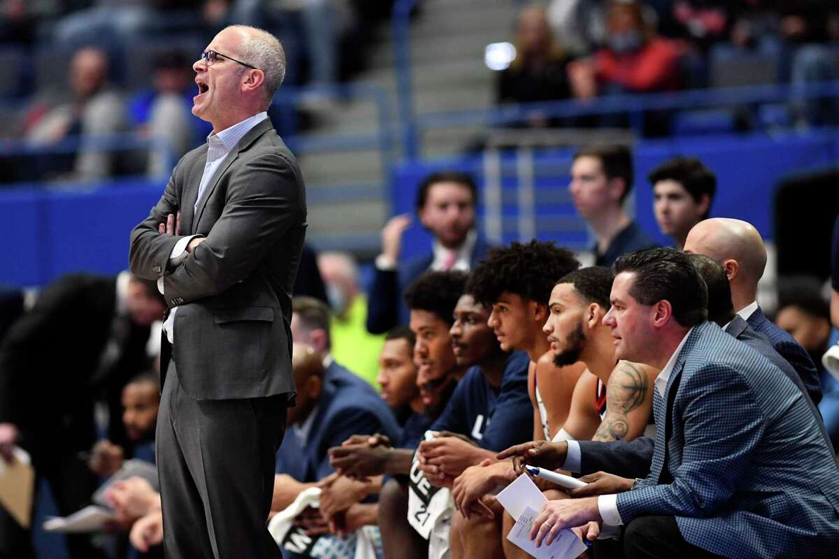 UConn coach Dan Hurley directs his team during the first half of an NCAA college basketball game against Binghamton Saturday, Nov. 20, 2021, in Hartford, Conn.