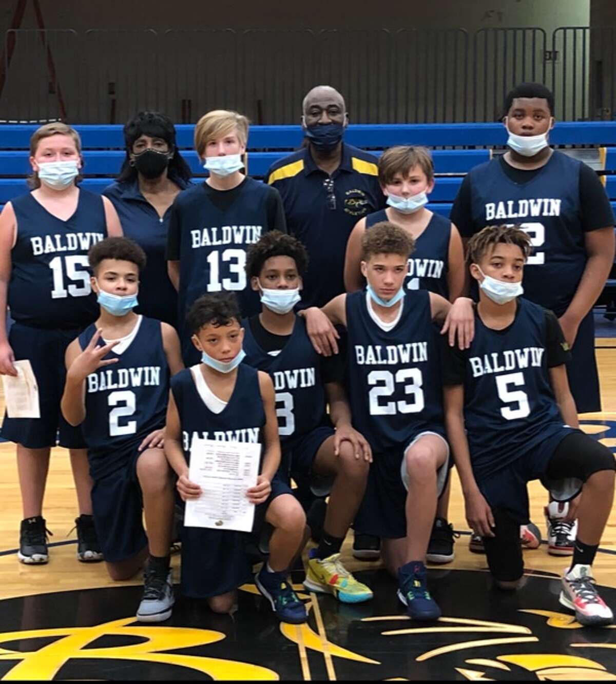 The Baldwin Middle School team: Michael Slone, Kyrce Cook, Chance Dockery, Joe Gulledge, Pierre Johnson, Mauricio Serna-Gonzales, Jayden Powers, Adran Ridge, Langston Ezell, Coaches Yvonne and Abe Williams. Missing from the picture - Marcus Martin and Levi Powers