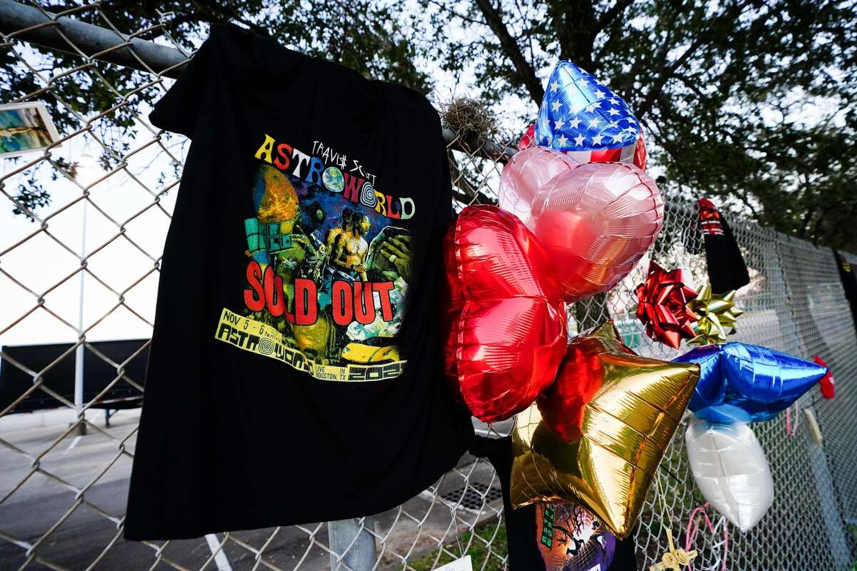 A t-shirt and balloons are placed at a memorial outside of the canceled Astroworld festival at NRG Park on November 7, 2021 in Houston, Texas.