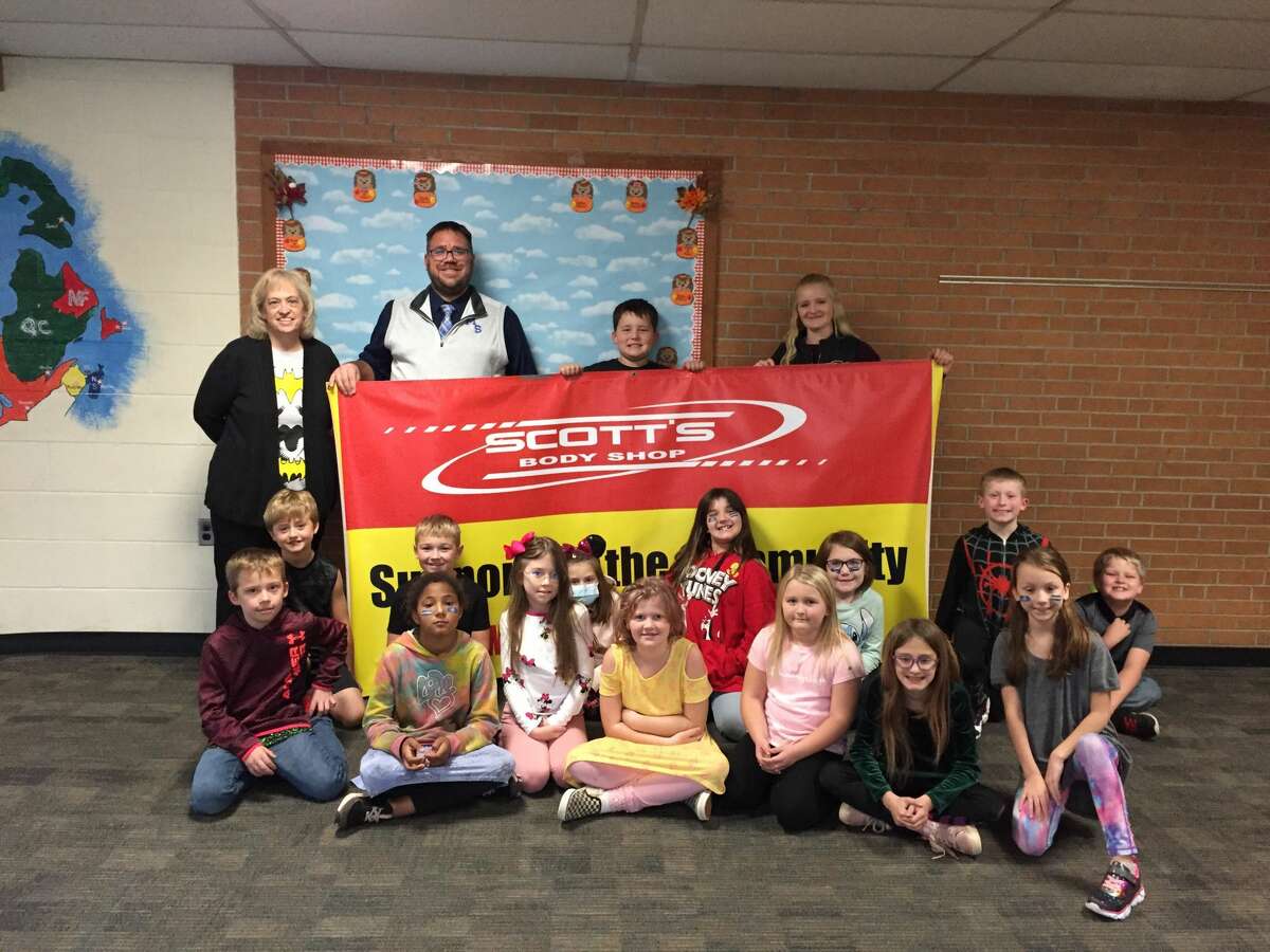Susan Medler has been chosen as Morley Stanwood's Teacher of the Month for September sponsored by Scott's Body Shop. Medler is pictured with her third-grade class, Mr. John Nawrot, MSE principal and Ms. Megan Bridinger, a representative from Scott's Body Shop.