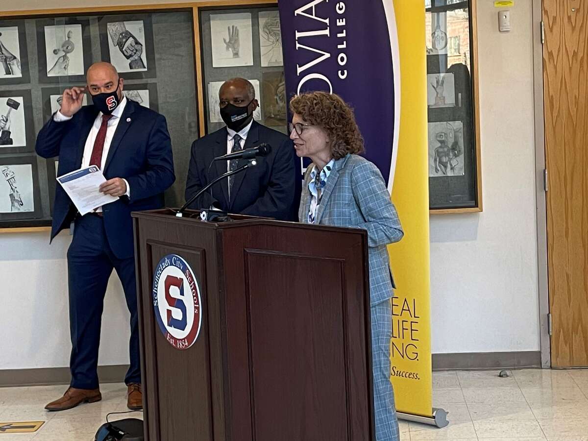 Schenectady Superintendent of Schools Anibal Soler Jr., left, SUNY Schenectady President Steady Moono, center, and Catherine Snyder, chair of Clarkson University’s Education Department, right, discuss a new program aimed at diversifying the city school district's workforce.
