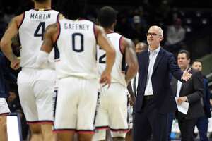 UConn coach Dan Hurley in the first half of an NCAA college basketball game, Tuesday, Nov. 9, 2021, in Storrs.