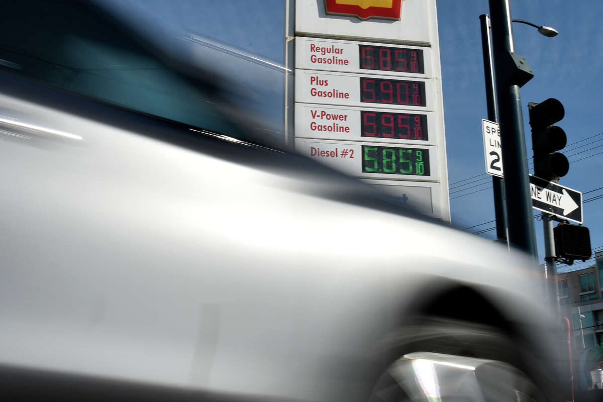 Gas prices approach $6 per gallon at a Shell Station on Bryant Street in San Francisco, on Tuesday, Nov. 23.