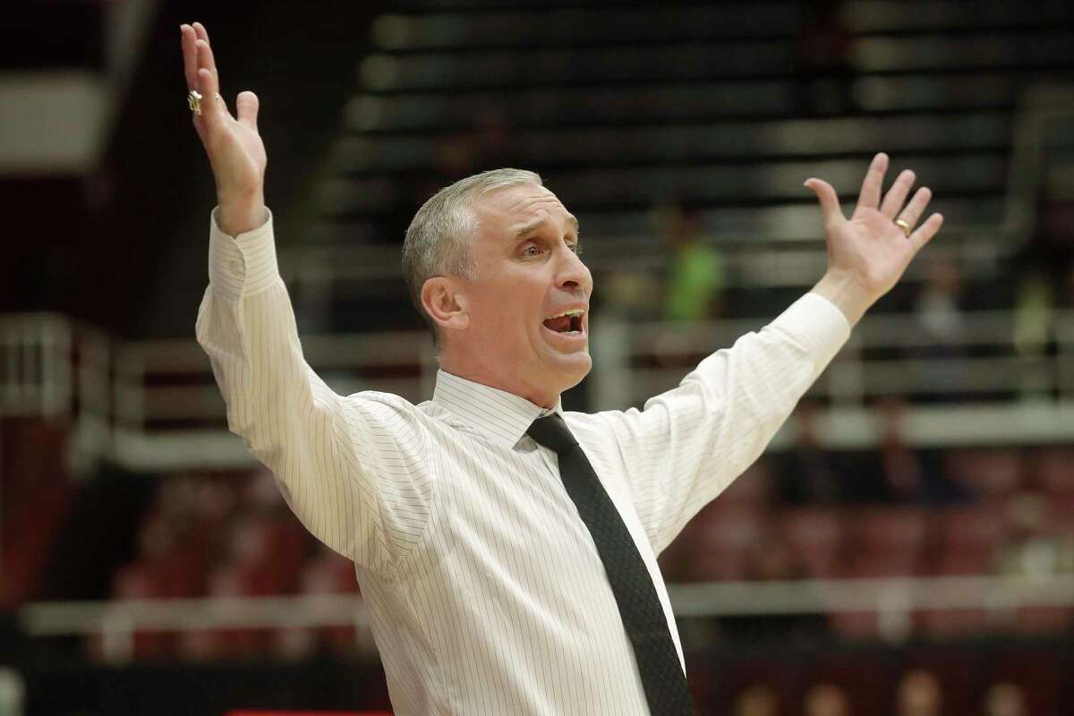 FILE - In this Feb. 13, 2020, file photo, Arizona State coach Bobby Hurley reacts during the first half of the team's NCAA college basketball game against Stanford in Stanford, Calif. Arizona State faced what could have been a difficult 2020-21 basketball season with three key players potentially leaving the program. Things have changed quickly now that Bobby Hurley has pulled in what may be the best recruiting class in school history. (AP Photo/Jeff Chiu, File)