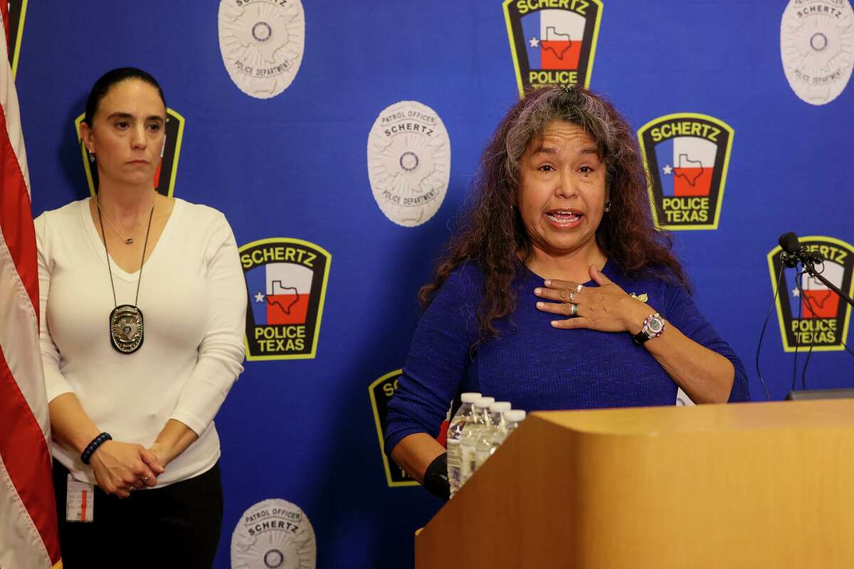 Silvia Dubois asks the public for information regarding the disappearance of her son, Jacob Dubois, during a news conference Tuesday at the Schertz City Council Chambers. Schertz detective Helen Lafitte, left, said the case is now a murder investigation.