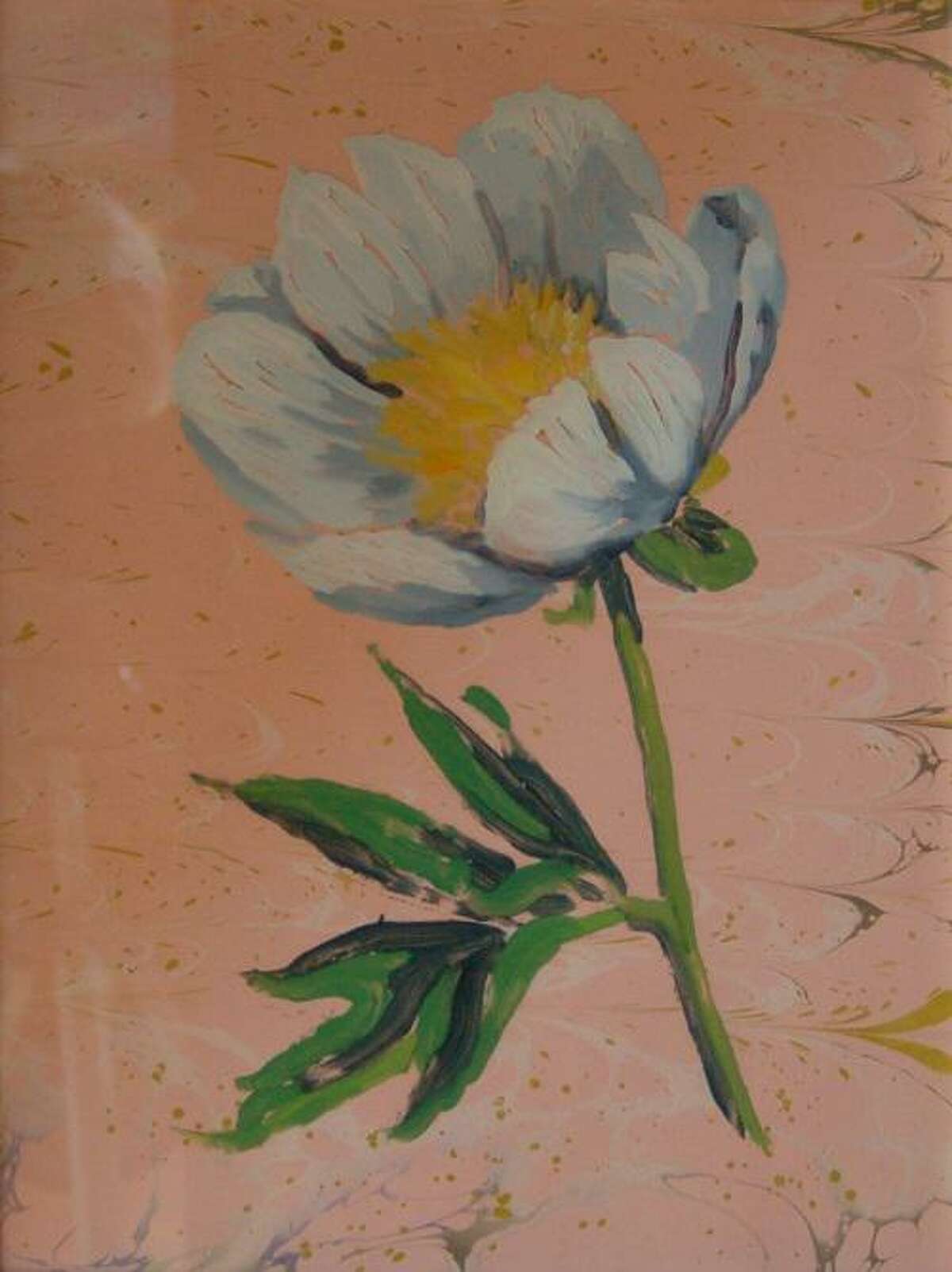 The David M. Hunt Library will have its annual Holiday Pop-Up Shop featuring crafts, ornaments, and food from local artisans and small businesses, starting Thanksgiving week and running through the New Year.  Pictured, ”Marbled Peony” by Lilly Woodworth.