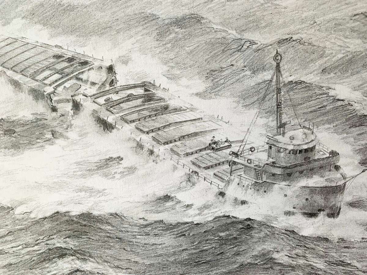This sketch illustrates how the freighter the Daniel J. Morrell broke into two pieces in the waters off the tip of the Thumb on Nov. 29, 1966. All but one of the 29 crewmen on board lost their lives.