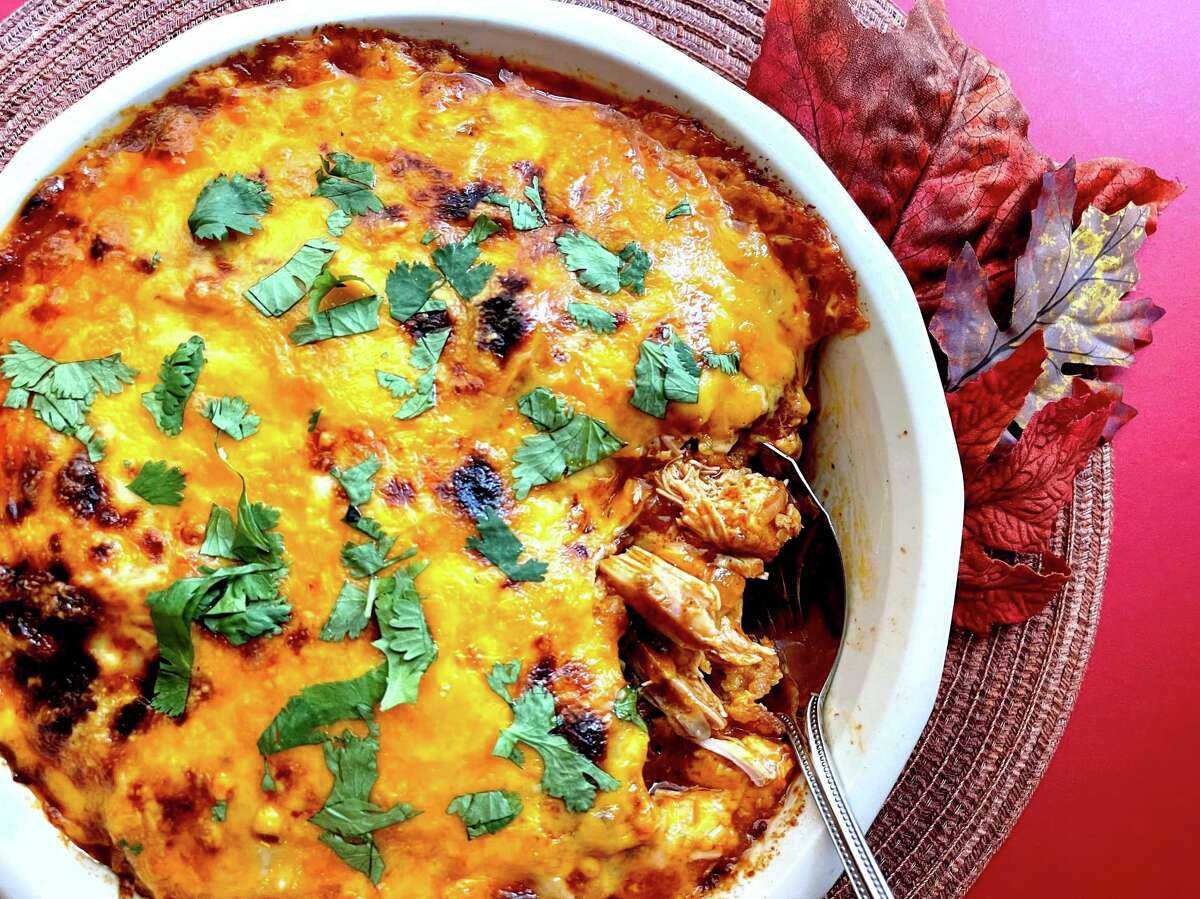 Turkey Tamale Pie uses leftover Thanksgiving turkey for a simple casserole built on a layer of corn muffin mix.