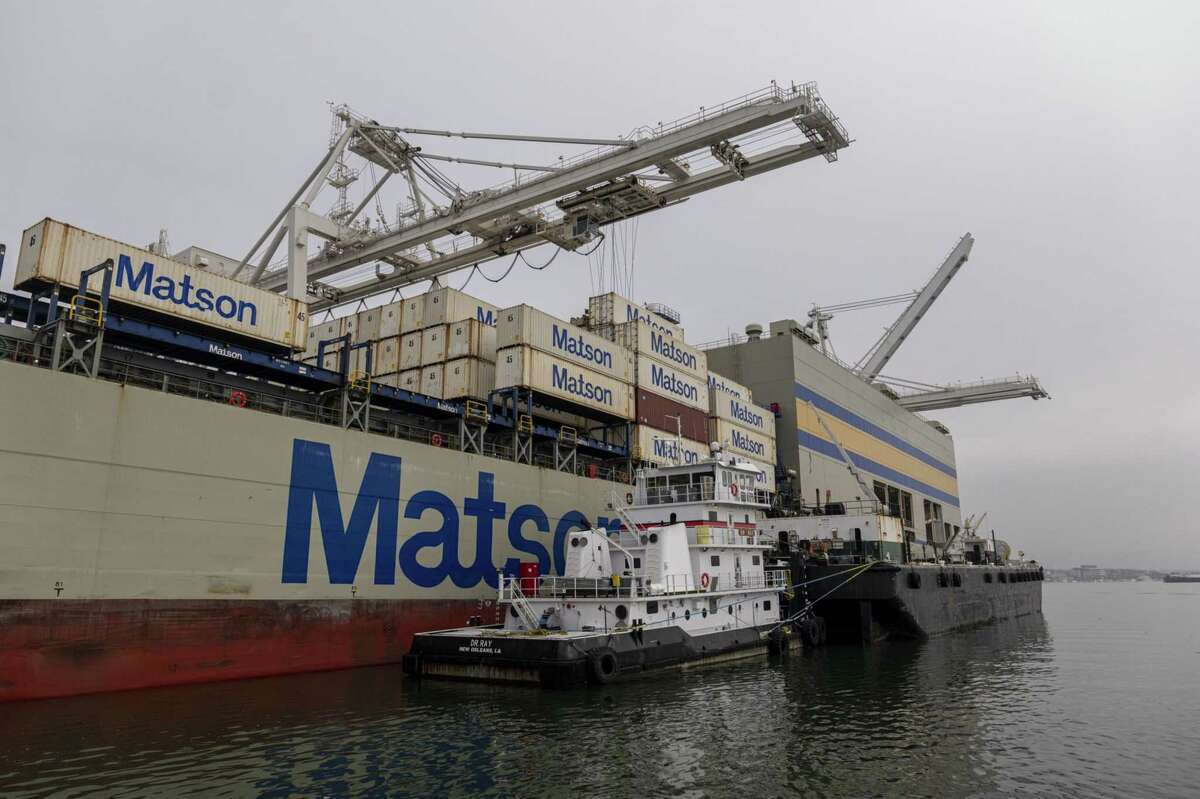 A Matson cargo ship at the Port of Oakland in Oakland, Calif., on Nov. 19, 2021.
