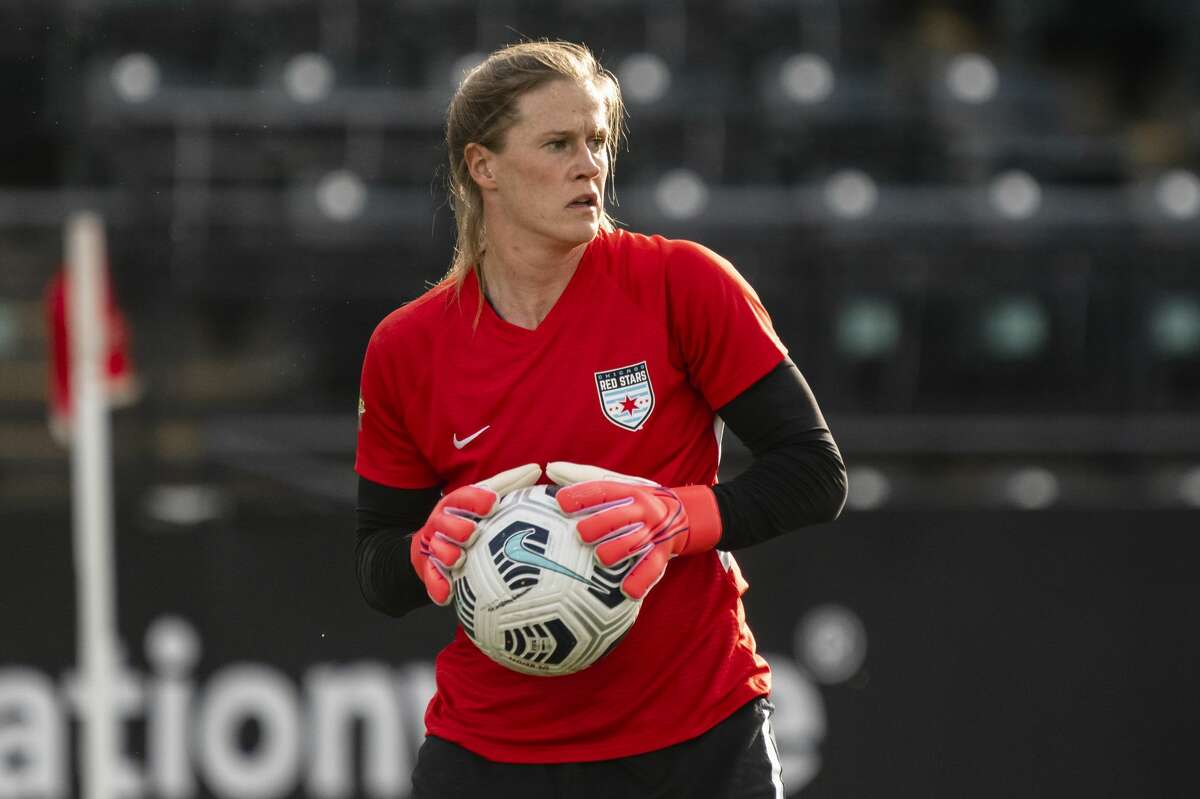 Alyssa Naeher #1 of the Chicago Red Stars is pictured during warmups before a game between Chicago Red Stars and OL Reign at Cheney Stadium on April 27, 2021 in Tacoma, Washington.
