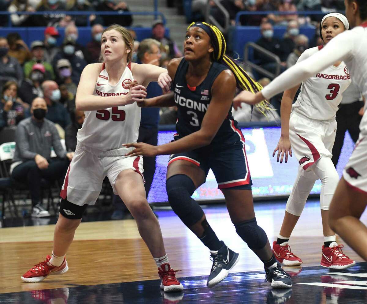 UConn's Aaliyah Edwards (3) plays in UConn's season-opening 95-80 win over Arkansas in the NCAA women's basketball game at the XL Center in Hartford.