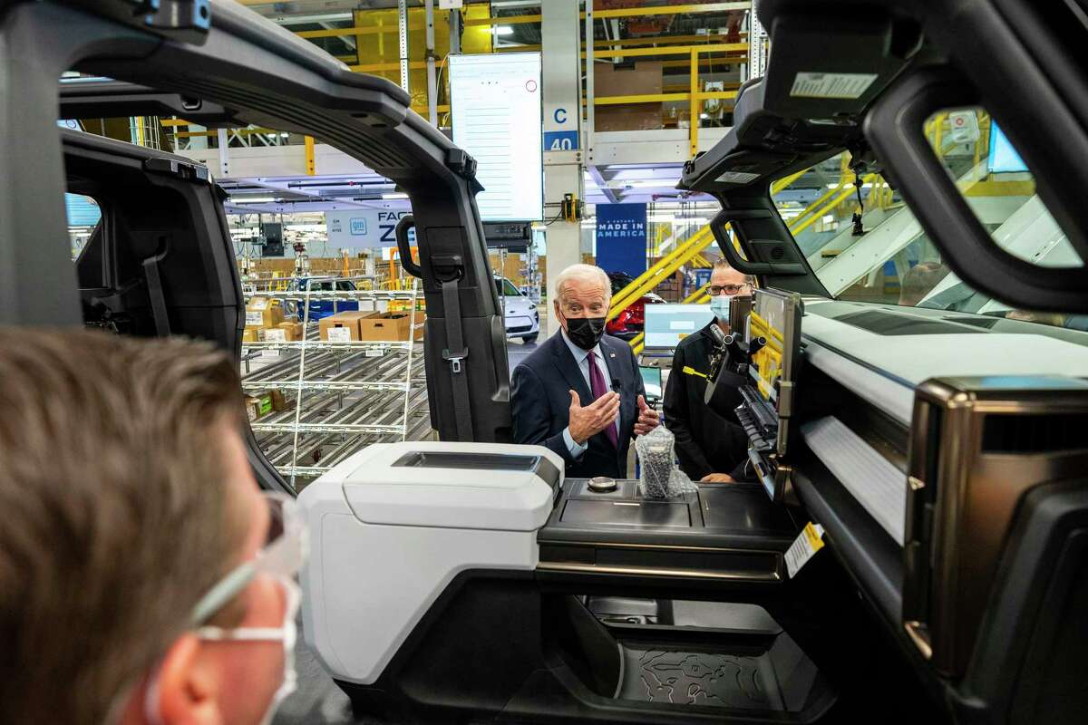 President Biden visits a General Motors assembly plant in Detroit, Nov. 17, 2021. Rising prices for gas and a holiday meal could come back to bite Democrats, who fear that inflation may upend their electoral prospects in the 2022 midterms.