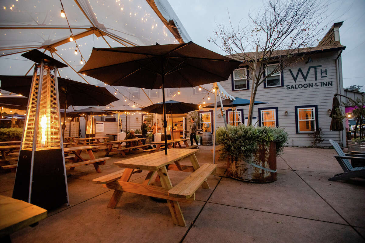 Outdoor seating and heating lamps are available at the William Tell House in Tomales, Calif. on Nov. 18, 2021.