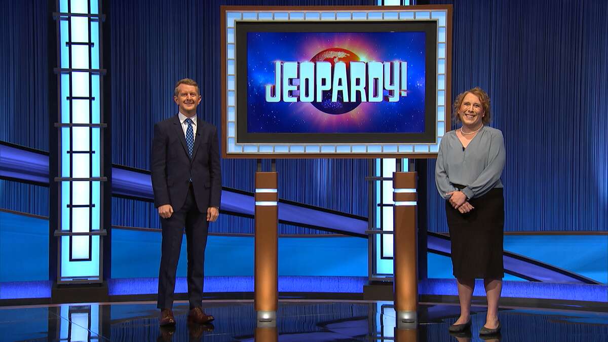 Amy Schneider on season 38 of "Jeopardy!" hosted by Ken Jennings.